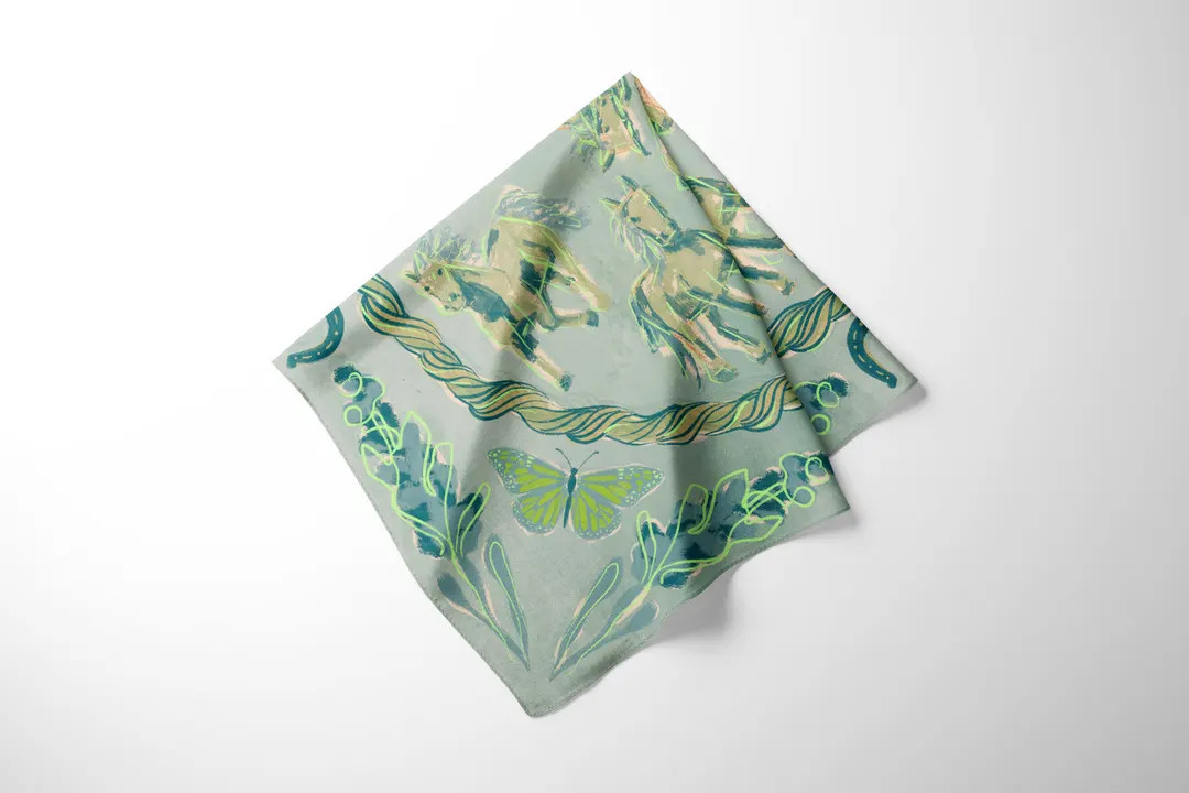 The Mary Silk Scarf in Saguaro - Wild Horses, Bluebonnets, Butterflies, Horseshoes - Teal Western... | Etsy (US)