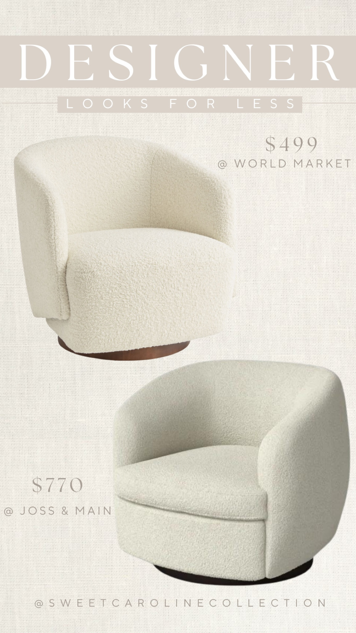 Designer looks for less 🤍

Designer, dupe, chair, accent chair, Ballard designs, home, interior design, home decor, interior decor, Amazon, wayfair, bed bath and beyond, west elm, pottery barn, CB2, home goods, pillow, mirror, chess set, chain link, lamp, target, Serena and Lily, ribbed bowl, marble bowl, coffee table, living room, at home, scout and nimble, joss & main, lulu and Georgia, Williams Sonoma, arhaus, console table, zebra pillow, marble chess set, kohls, coterie, accent pillow, throw pillow, perigold, houzz, world market, swivel chair, table lamp, threshold, studio McGee, Kirkland, uttermost, ceramic lamp, terra cotta, visual comfort & Co., designer dupe, home style, under 500, under 400, under 300, under 200, under 100, under 50, sale, style, seasonal, trending, must have, best seller, new arrival, gift guide, gift idea, gifts for her, Mother’s Day gift, home gift, house warming gift, sale alert, trendy, top seller, sweet Caroline collection, sweet Caroline interiors

#LTKhome #LTKsalealert