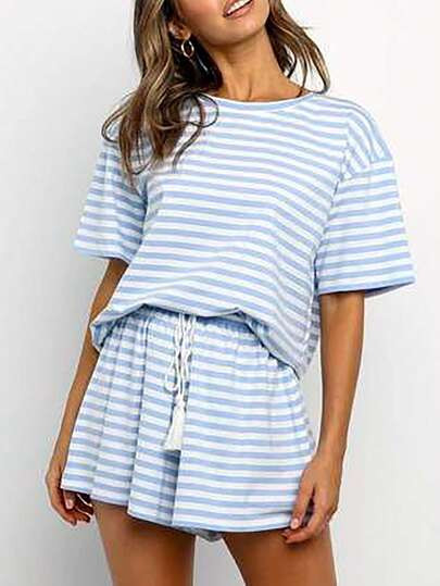 2pcs/Set Striped Casual Short Sleeve T-Shirt And Tassel Shorts, Suitable For Beach, Sports, Home, Street, All Seasons Summer | SHEIN