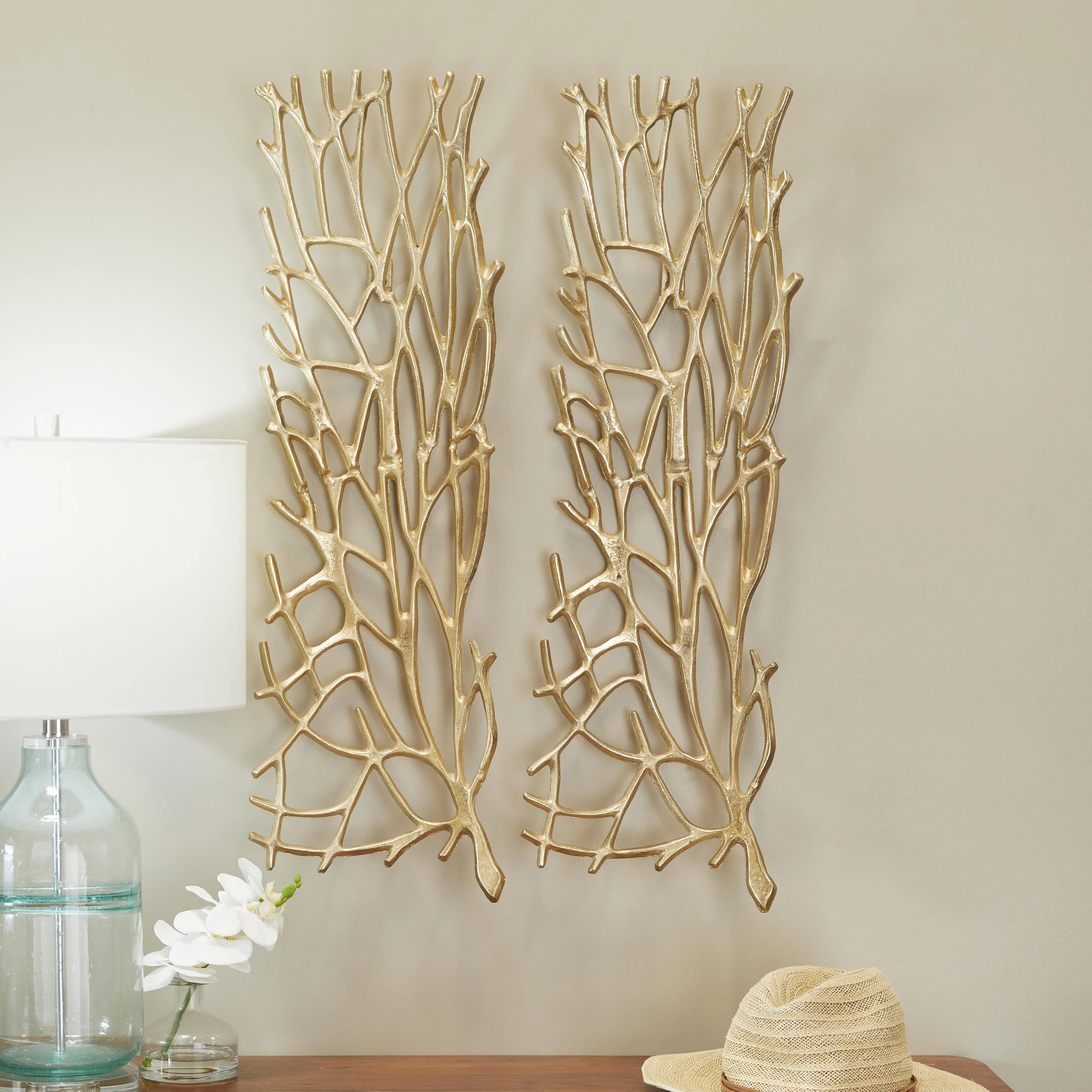 Gold Aluminum Metal Coral Inspired Home Wall Decor, Set of 2 11"W, 33"H (Set of 2) | Wayfair North America