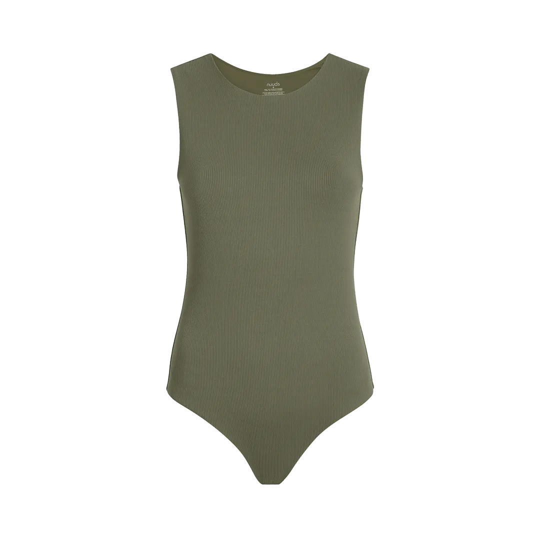 Women's Ribbed Crew Tank Bodysuit | Dark Olive - nuuds | nuuds