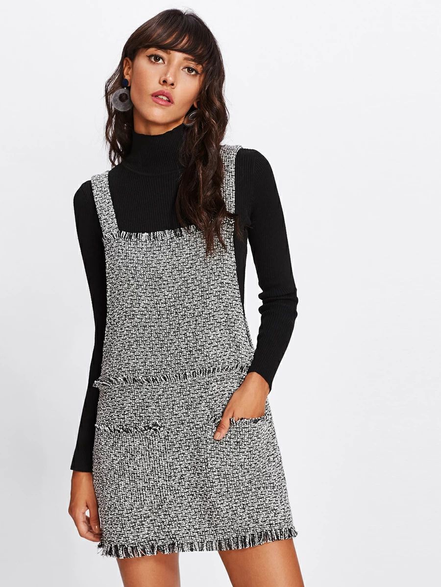 Fringe Detail Tweed Overall Dress | SHEIN