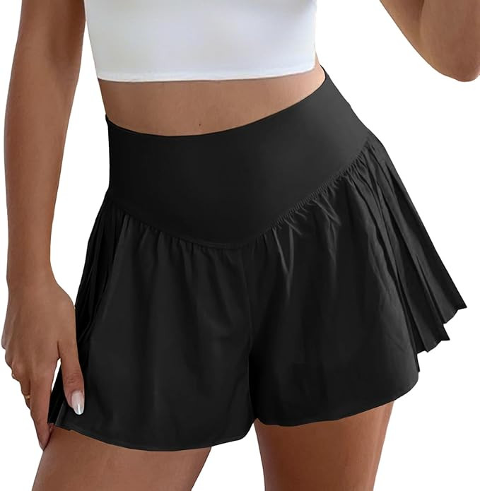 Fisoew Womens Workout Gym Shorts Elastic High Waisted Pleated Lightweight Active Running Shorts | Amazon (US)