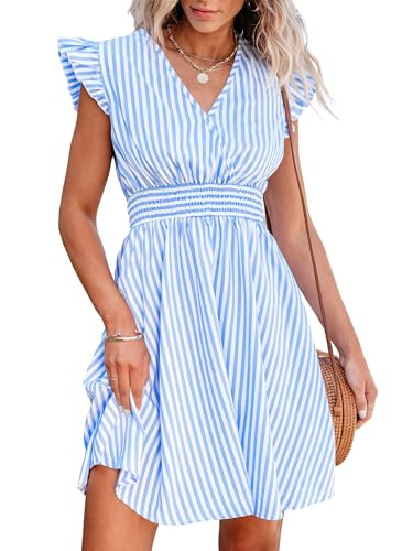 CUPSHE Women's Mini Dress V Neck Flutter Sleeve Striped Smocked Waist A Line Plus Size Casual Summer Cocktail Dress Blue Striped, XXL | Amazon (US)