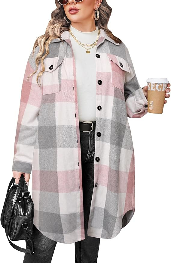 IN'VOLAND Plus Size Flannel Plaid Shirts Long Sleeve Button Down Jacket Coats | Amazon (US)