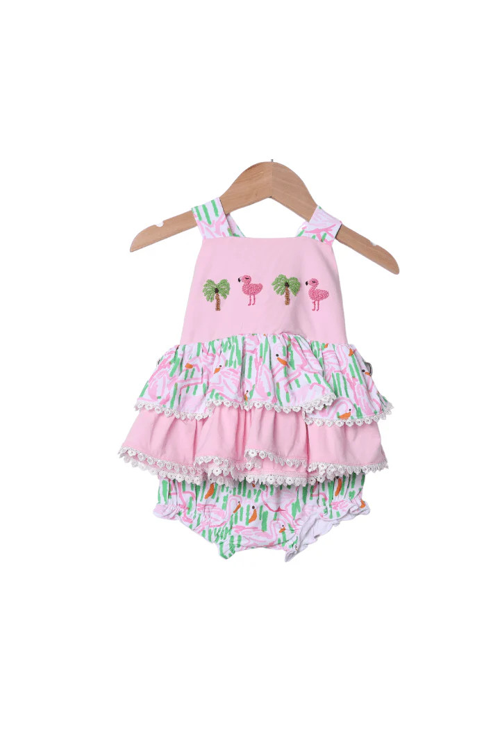 French Knot Tropical Flamingo Bow Bloomer Set | The Smocked Flamingo