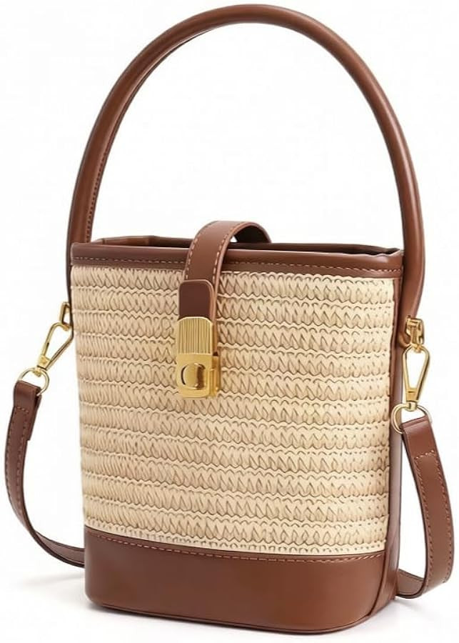 Women's Straw Bucket Bag Top-handle Purse For Summer Beach Travel | Amazon (US)
