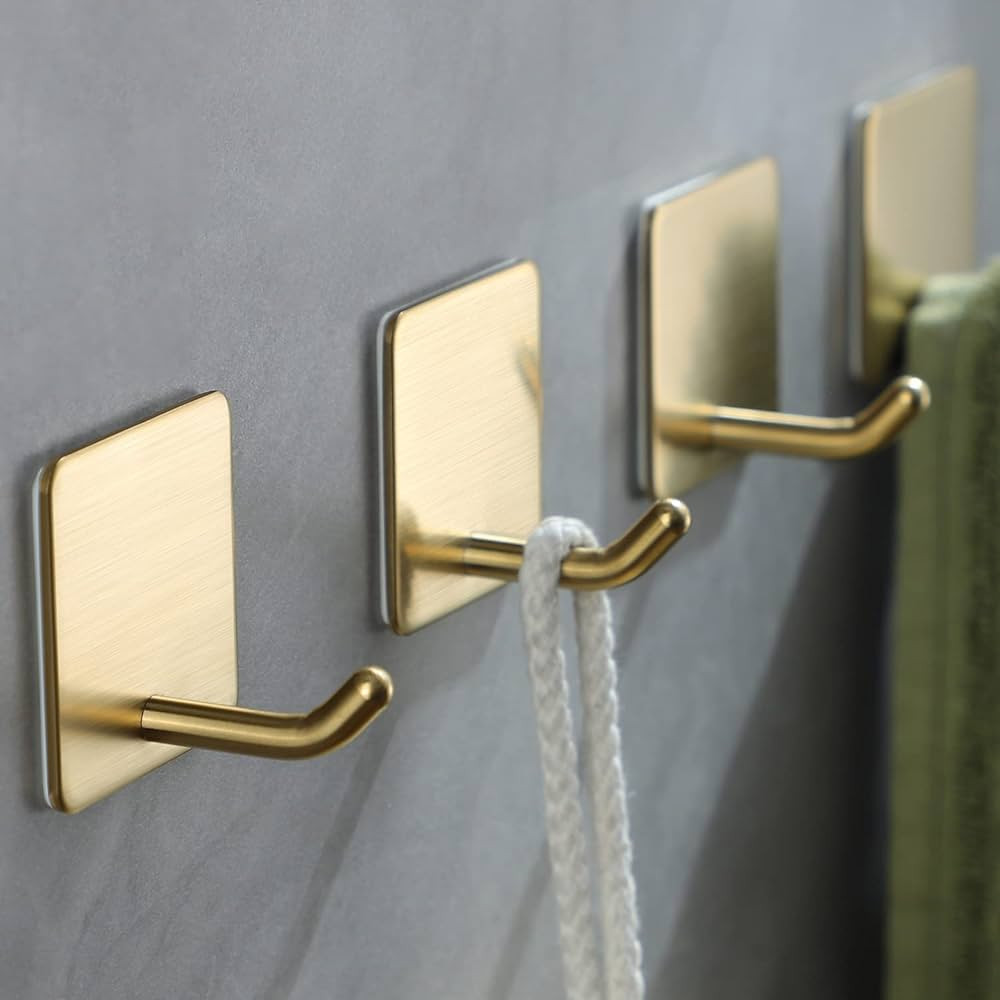 YIGII Adhesive Towel Hooks/Bathroom Hook, Gold Self Adhesive Hooks Heavy Duty Coat Hooks 4-Packs,... | Amazon (US)