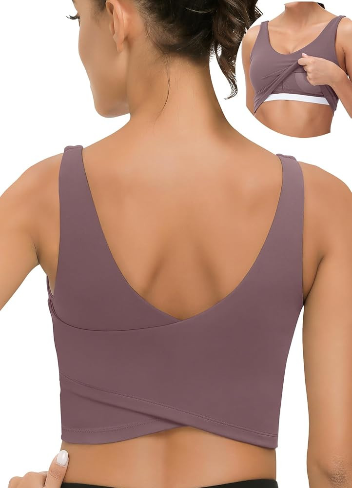 SIGNEALA Sports Bras for Women Longline - V Neck Padded Crop Top with Built-in Bra for Workout Yo... | Amazon (US)