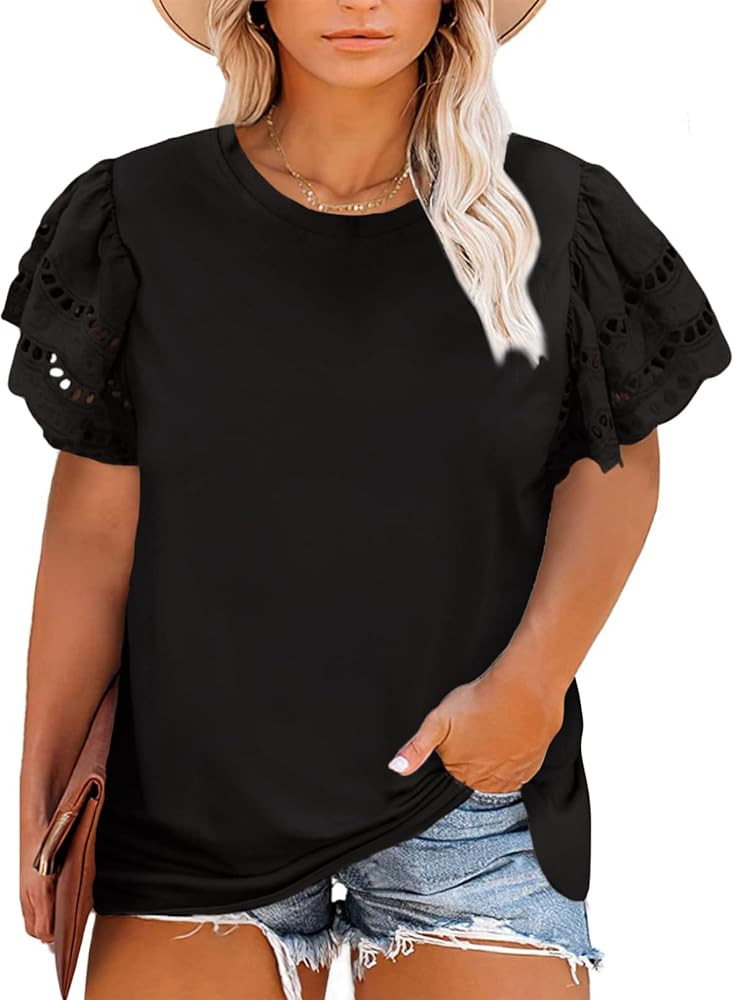 Eytino Womens Plus Size Tops Short Sleeve Round Neck Hollow Out Casual Loose Tunic Tees Shirts(1X... | Amazon (US)