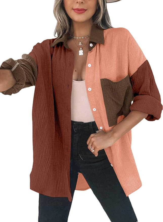 Dokotoo Womens Color Block Button Down Shirts Long Sleeve Oversized Boyfriend Blouses Tops | Amazon (US)