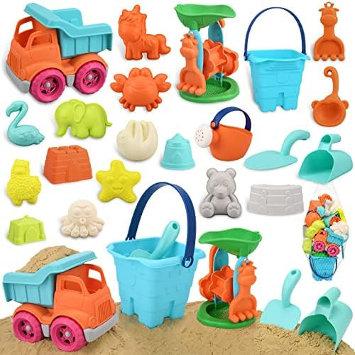 Bloranda 23 Pieces Beach Sand Toys Set with Mesh Bag Includes Sand Truck, Bucket, Animals Castle Bui | Amazon (US)