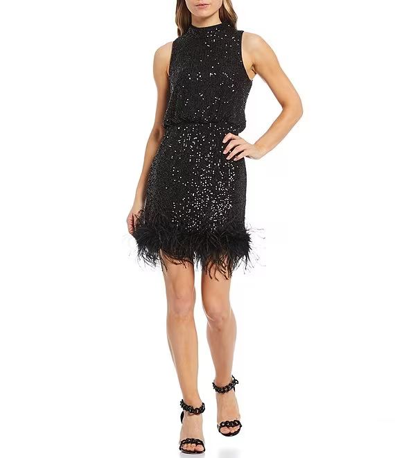 Mock Neck Feather Hem Blouson Waist Sequin Sleeveless Dress | Dillard's