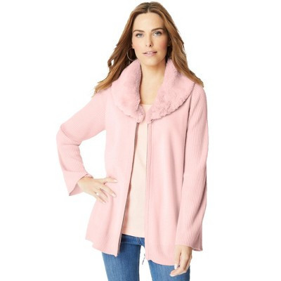 Roaman's Faux Fur Collar Cardigan Sweater. - 14/16, Soft Blush | Target