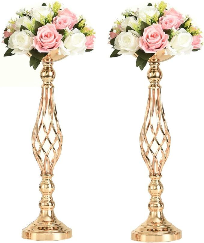 LANLONG 2pcs Metal Gold Candle Holders Road Lead Table Centerpiece Stand Pillar Candlestick for W... | Amazon (US)
