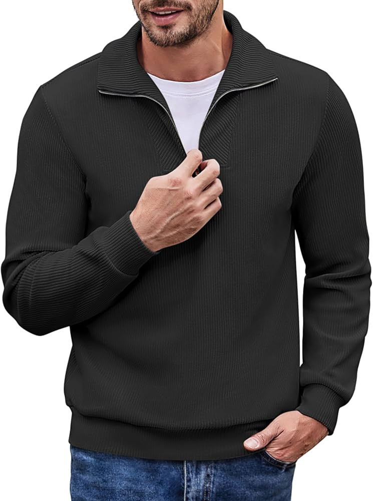 COOFANDY Men's Quarter Zip Up Pullover Slim Fit Mock Neck Long Sleeve Sweaters Casual Corduroy Po... | Amazon (US)