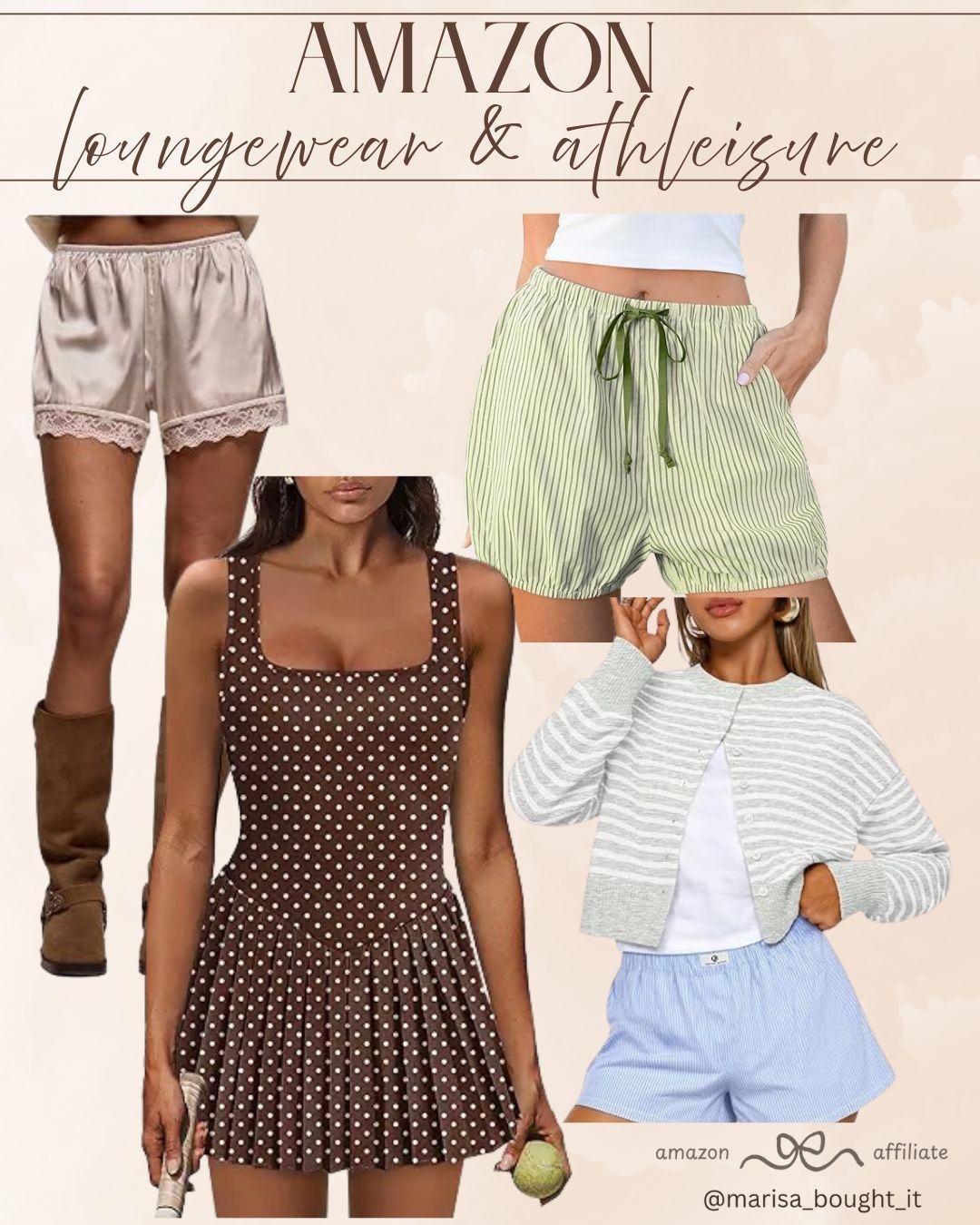 Amazon Athleisure & Loungewear! 🎾

Embrace the ultimate off-duty vibe with these chic, under $50 everyday essentials! 💖

I am obsessed with the mix of sporty and sweet for this season. I love the brown polka dot exercise dress for a playful on-the-go look. For lounging, I paired these soft striped shorts and satin lace-trim boxers with a cozy striped cardigan for a perfectly balanced aesthetic. Finish the look with classic neutral boots for a touch of polished comfort that transitions effortlessly from the gym to home!

#OOTD
#AmazonFashion
#AmazonFinds
#Athleisure
#Loungewear
#ExerciseDress
#SpringStyle
#CozyVibes
#StreetStyle
#FeminineStyle
#AffordableFashion
#LTKUnder50
#LTKFit
#Activewear
#LoungewearInspo

#LTKspring #LTKootd #LTKActive