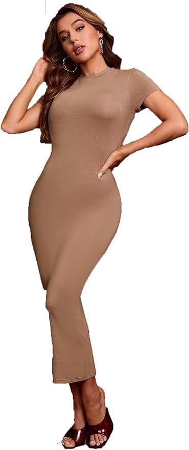 Verdusa Women's Round Neck Cap Sleeve Solid Long Pencil Bodycon Dress | Amazon (US)