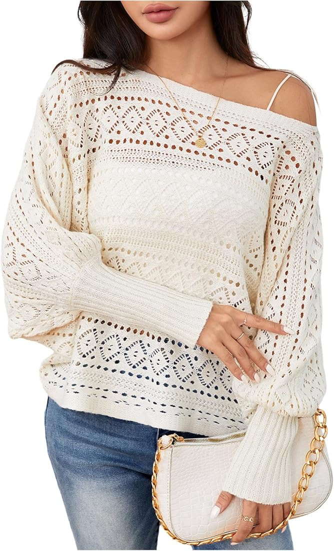 Verdusa Women's Off The Shoulder Sweater Crochet Dolman Sleeve Hollow Out Oversized Boat Neck Lon... | Amazon (US)