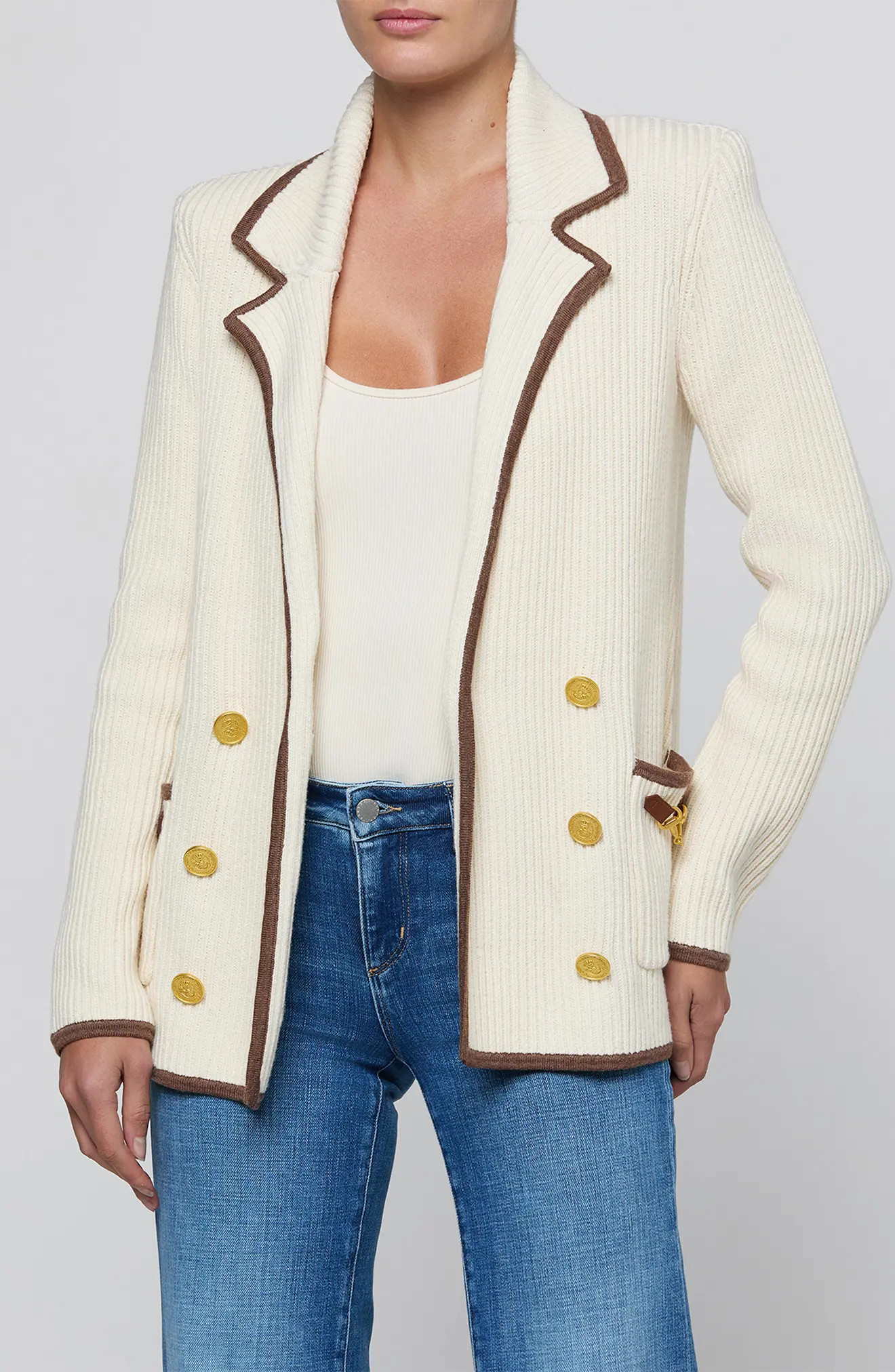 L'AGENCE Ranch Double Breasted Knit Blazer in Natural/Brown at Nordstrom, Size Large | Nordstrom