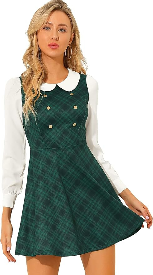 Allegra K Women's Peter Pan Collar Contrast Color Button Decor Fit and Flare Christmas Plaid Dres... | Amazon (US)