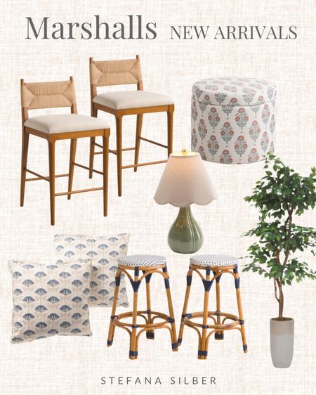Marshalls new arrivals in home decor: counter stools, block print pillow and ottoman, ceramic lamp, potted faux tree
