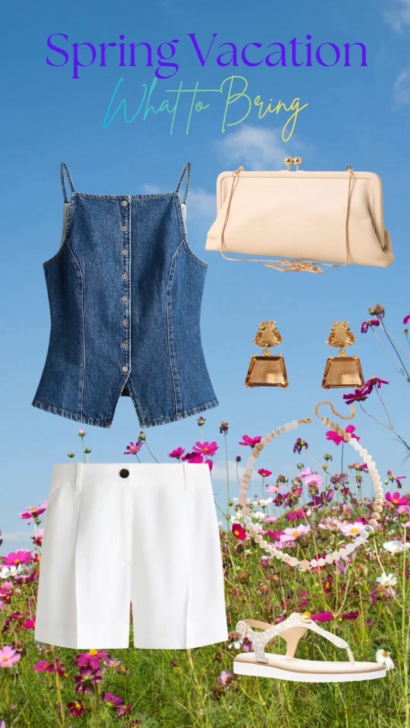 Going on a Spring Vacation? Dress stylish yet comfortable wearing a cute denim vest top, white shorts, sandals fun jewels and a cream clutch.🌸

#LTKover50style #LTKstyletip #LTKbag