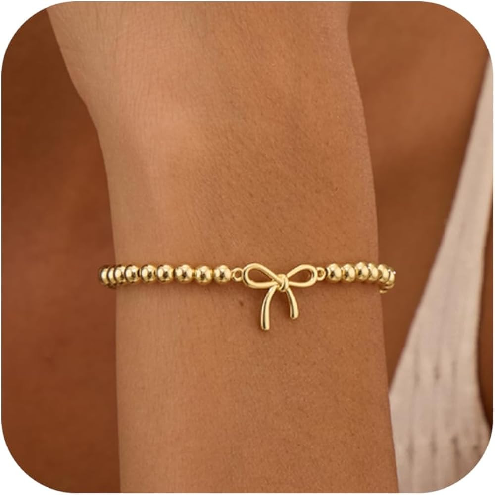 Gold Bracelets for Women 14K Gold Plated Beaded Bracelets Gold Stretch Bead Bracelet Handmade Bal... | Amazon (US)