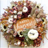 Fall Wreaths, Fall Front Door Wreath, Happy Harvest Wreath, White Pumpkin Welcome Autumn Decor, Teal | Etsy (US)