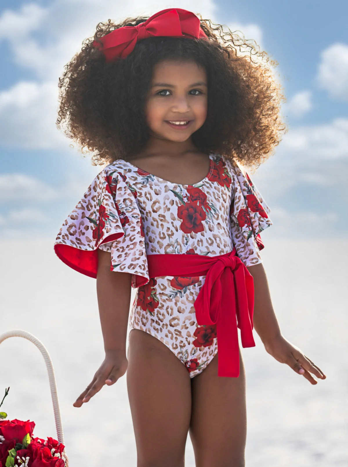 Spots and Petals Flare Sleeve One Piece Swimsuit | Mia Belle Girls