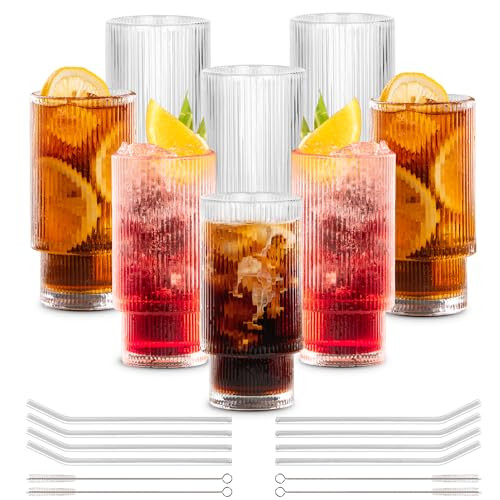 Combler Ribbed Glass Cups with Glass Straws, 11oz Drinking Glasses Set of 8, Ribbed Glassware Sets for Whiskey Cocktail Beer Smoothie Iced Coffee Glasses, House Warming Gifts New Home, Bar Essentials | Amazon (US)