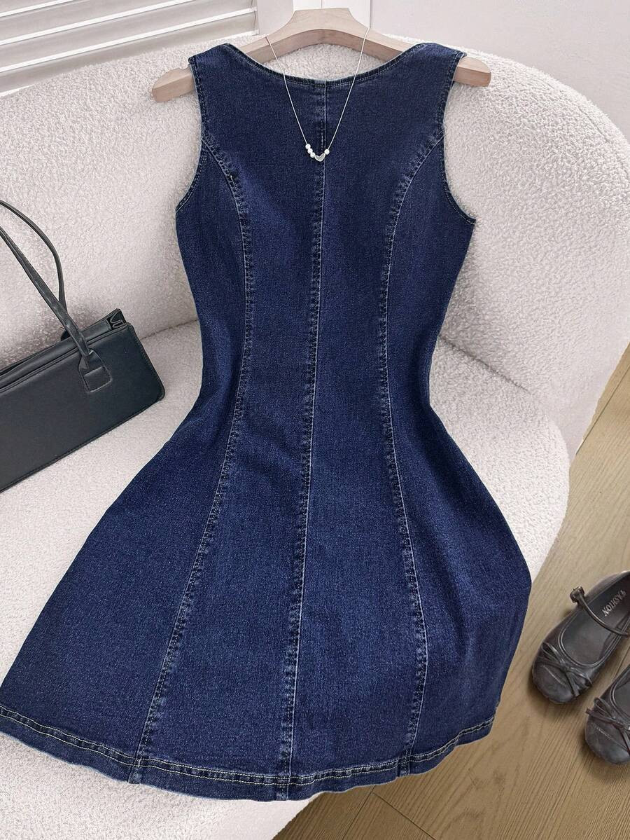 Comfortcana Women's Casual Sleeveless Round Neck Backless Tie-Up Denim Dress | SHEIN