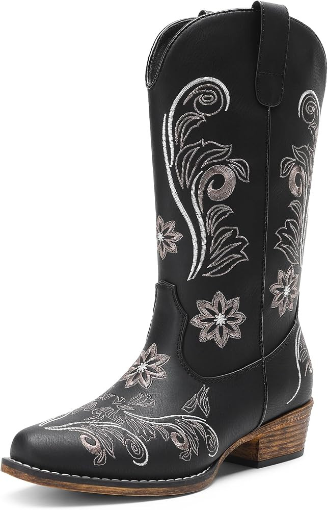 DREAM PAIRS Women's Cowboy Cowgirl Western Mid Calf Boots, Square Toe Embroidered Stitched Pull O... | Amazon (US)