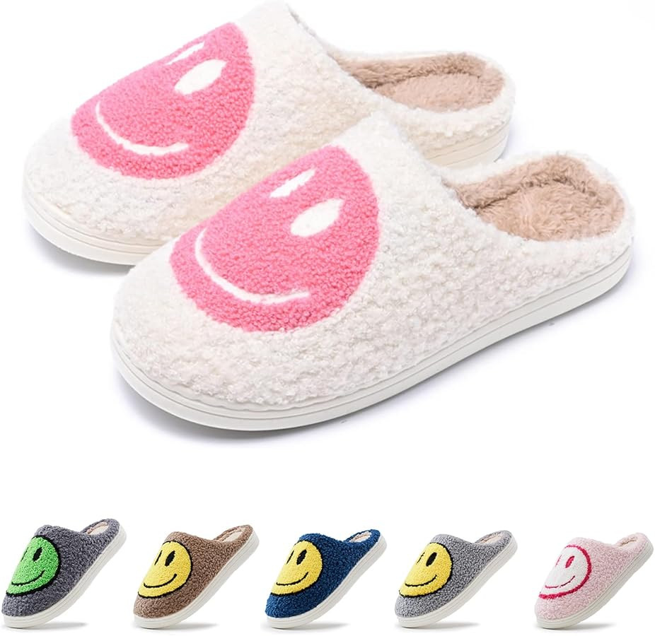 rosyclo Smile Face Slippers Retro Soft Plush Cozy House Slippers Slip-on Fluffy Indoor Outdoor Sm... | Amazon (US)