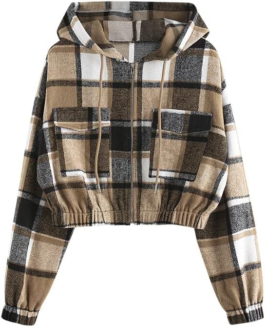 ZAFUL Women's Zip Up Light Sweatshirt Drop-shoulder Teddy Coat Faux Fur Button Plaid Cropped Dual... | Amazon (US)