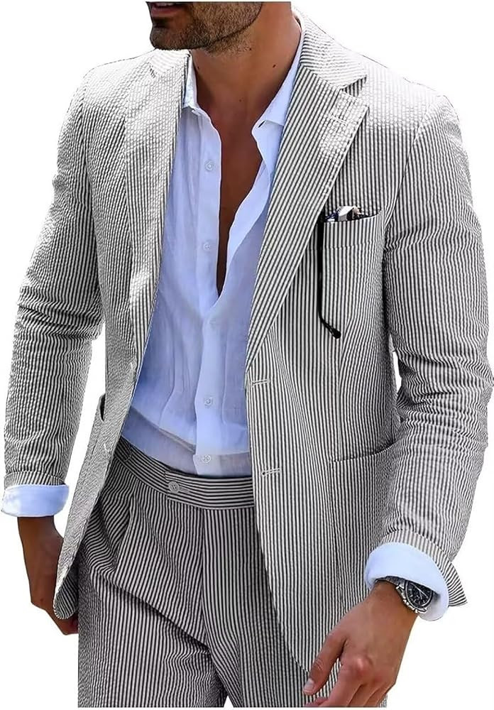 Seersucker Slim Suits for Men Formal Casul Summer Beach Wedding Grooms 2 Piece Blazer Pants Party... | Amazon (US)