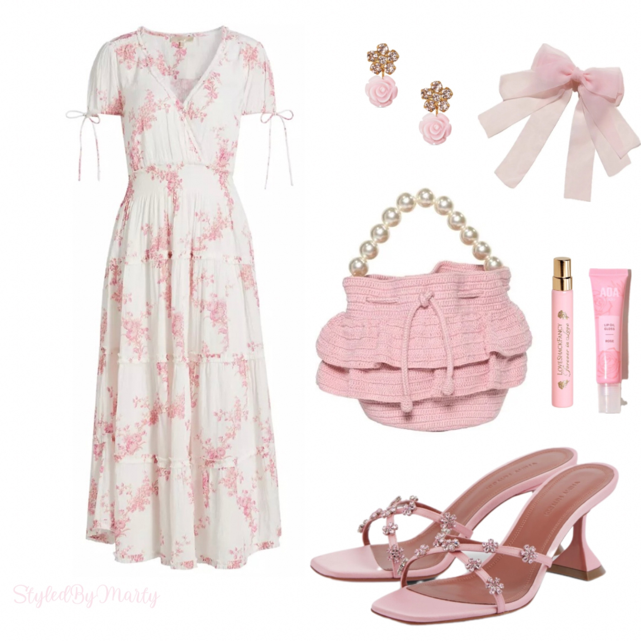 Pink floral dress, midi dress, flower printed dress, pink sandals, pink mules, pink bow hair clip, picnic dress, picnic party, romantic dress, cottagecore, romantic outfit, feminine style, girly style, summer dress 

#LTKShoeCrush #LTKStyleTip #LTKSeasonal