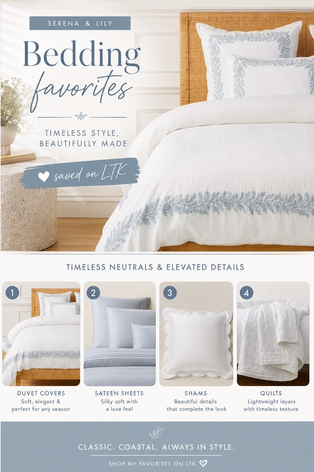 My dream bedding collection 🤍✨ Timeless neutrals, soft textures, and elegant details that make every bedroom feel like a luxury retreat. These Serena & Lily favorites are perfect for creating that cozy coastal-inspired look.

Save for your next bedroom refresh 🛏️🤍

#LTKHome #BedroomInspo #SerenaAndLily #LuxuryBedding #NeutralDecor #HomeStyle #CoastalLiving #BedroomRefresh #HomeFavorites #LTKFinds

#LTKHome #LTKSeasonal #LTKdayinmylife