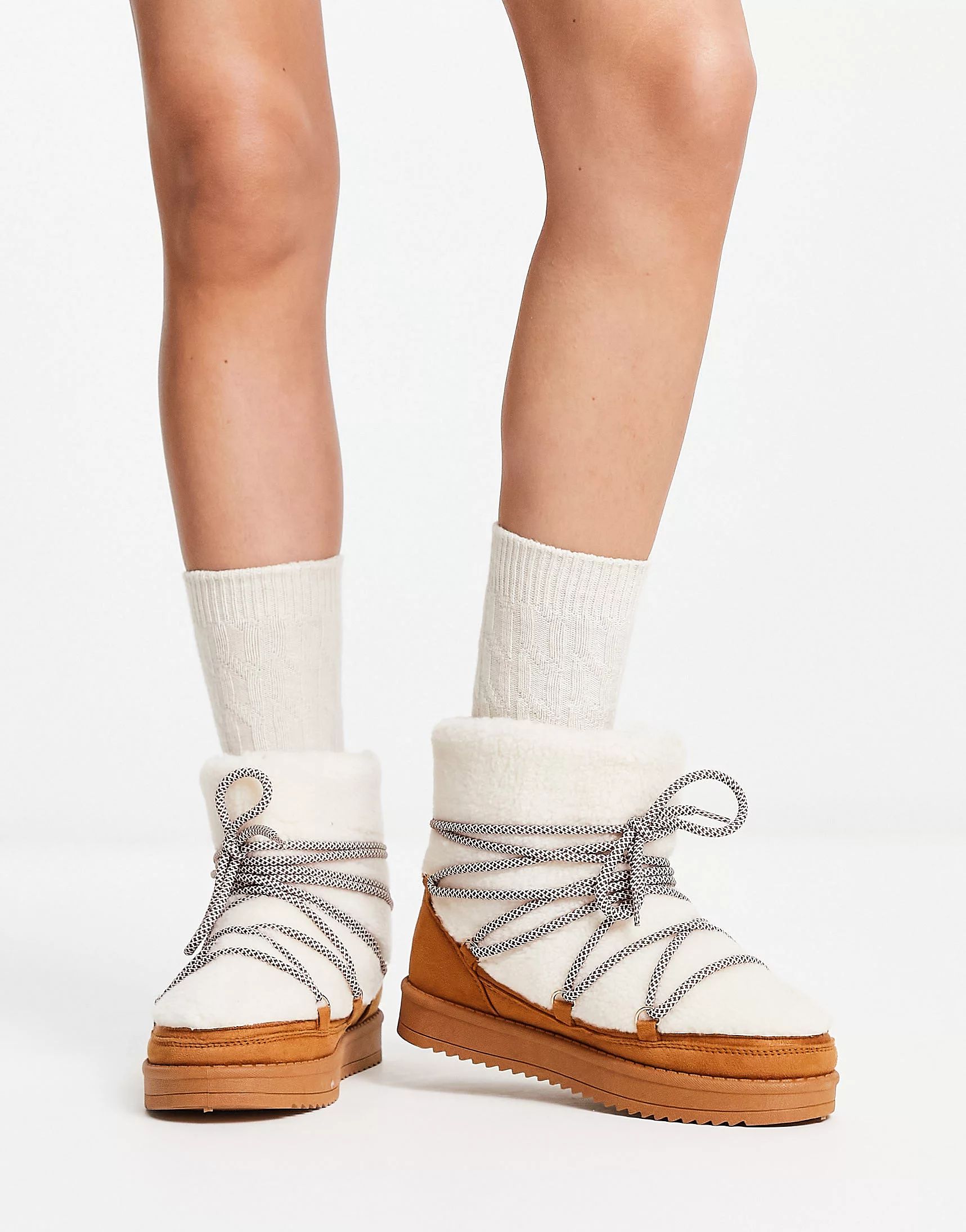 South Beach padded borg fleece snow boots in cream and tan | ASOS (Global)