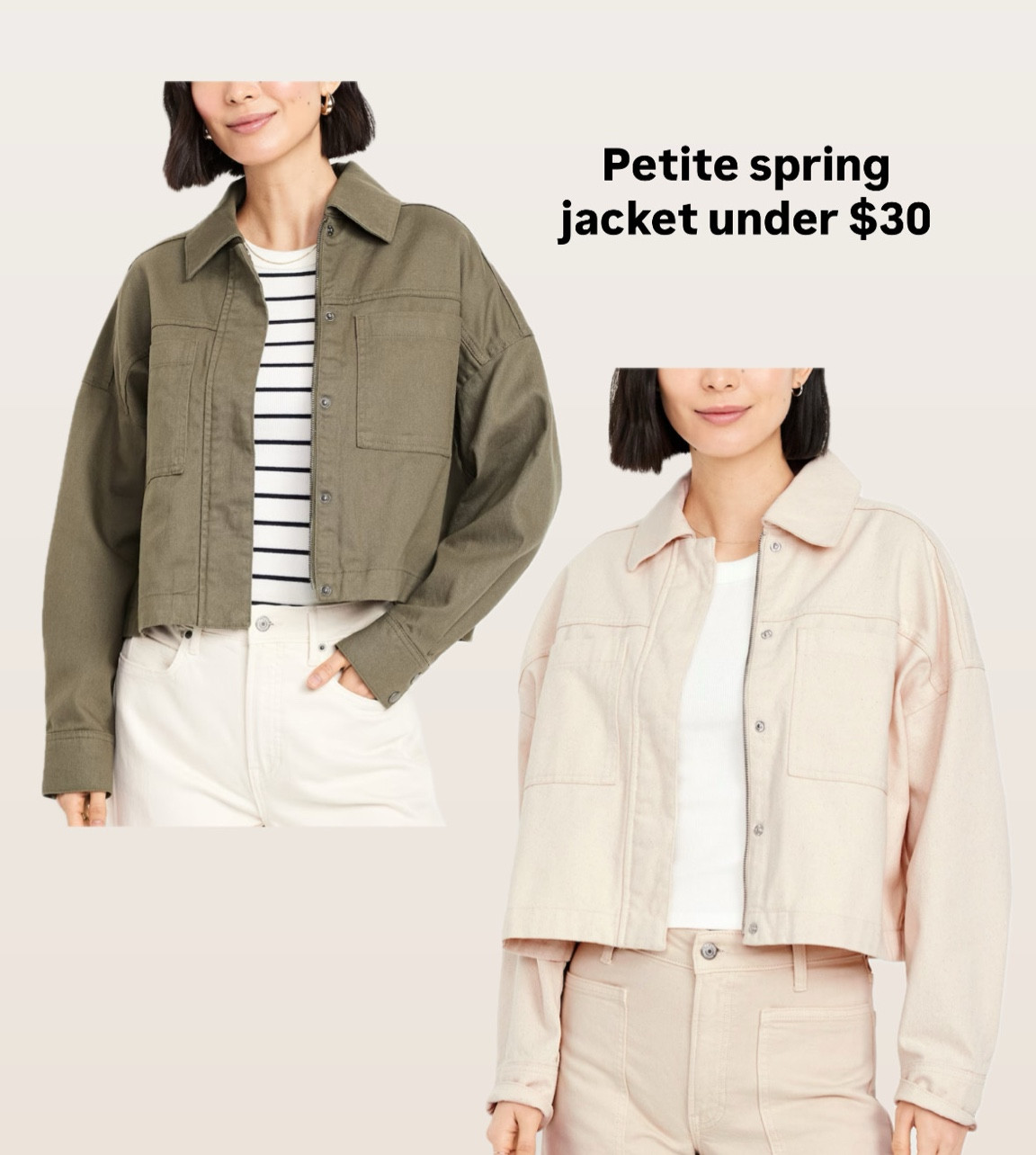 Just got this jacket in and it is so cute! Threw it on over my wide cropped jeans and a T-shirt with flats. 

Sizing starts in XS petite and this is definitely a very wide cut,  swingy fit jacket . The length and the sleeve length fit well on me. 100% cotton. Un-Lined.

I do not shop at Old Navy often but this is a good one! 

Linked to other blazers that I have from there too - XS petite is a loose fit on me. More relaxed boyfriend style on me than “fitted” 

#LTKFindsUnder50