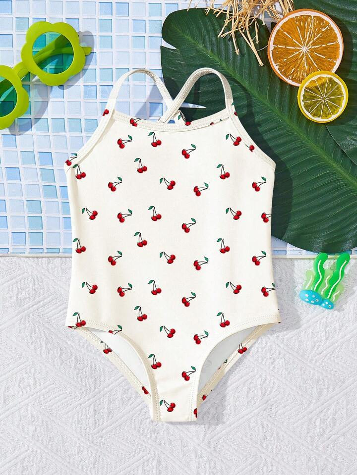 SHEIN Cute Mini Cherry Pattern Baby Girls Casual Minimalist Adjustable One-Piece Swimsuit, Summer | SHEIN