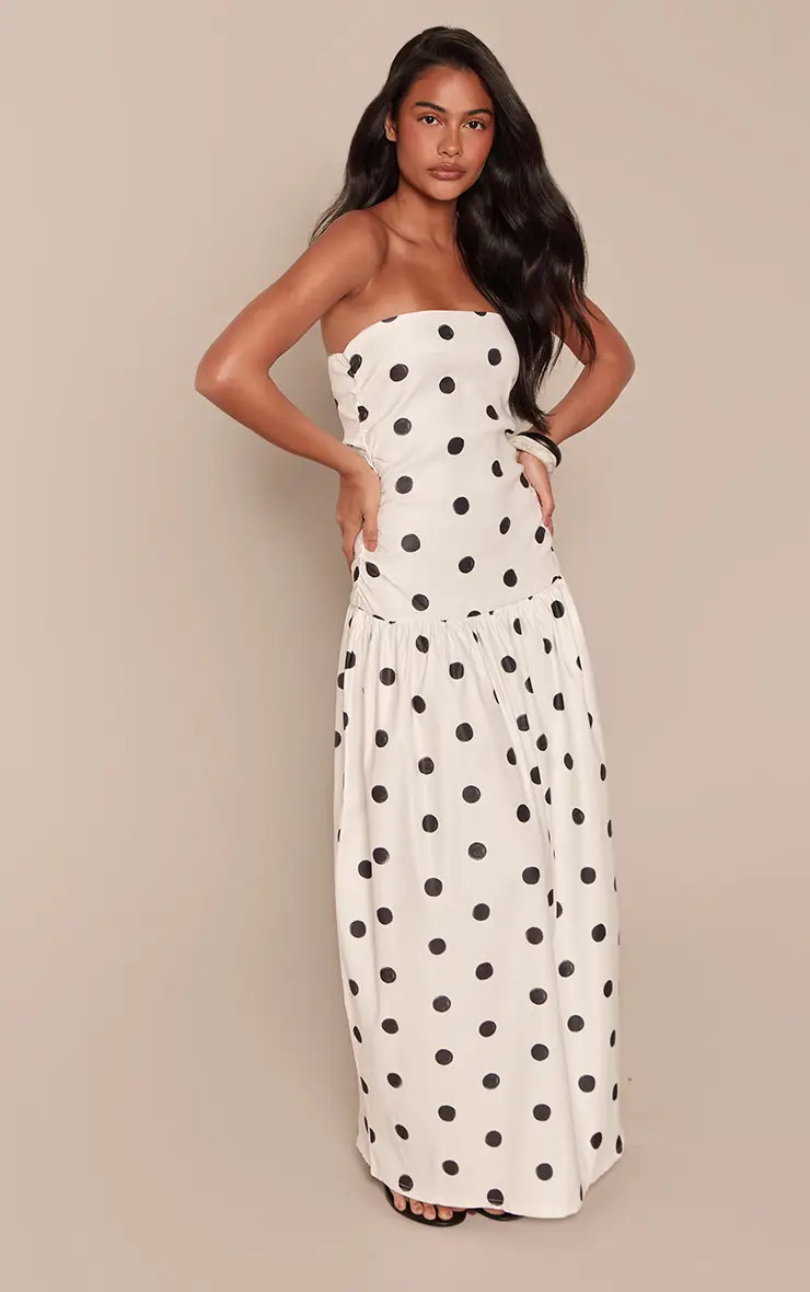 Monochrome Polka Dot Stretch Woven Bandeau Ruched Maxi Dress | PrettyLittleThing UK