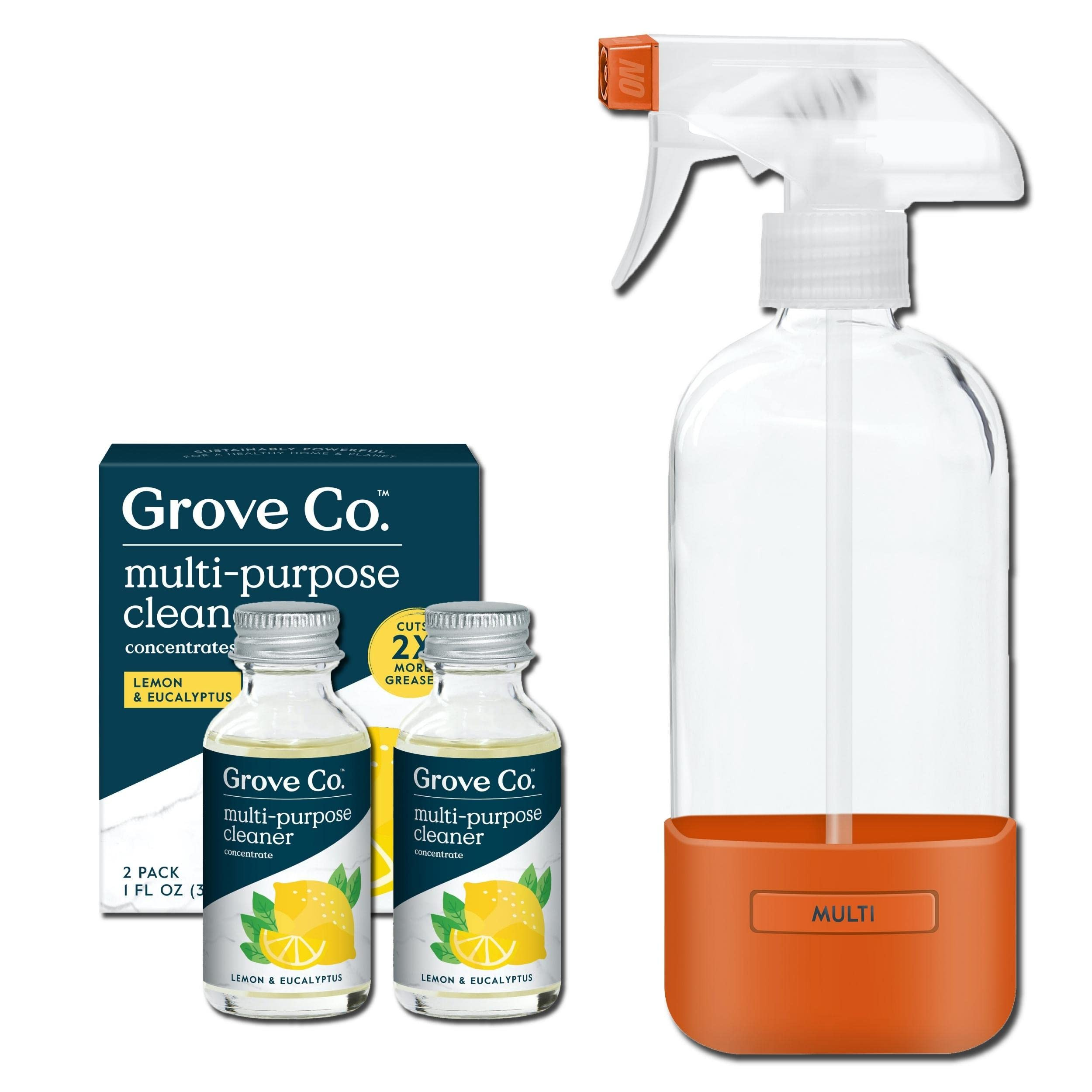 Grove Co. Multi Purpose Cleaner, Refill Concentrate (2 x 1 Oz) + Glass Spray Bottle (16 Oz), Plan... | Amazon (US)