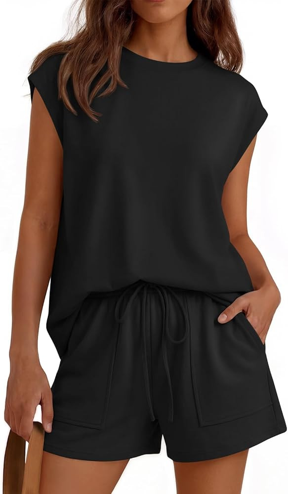 LILLUSORY Womens Crew Neck Cap Sleeve Drawstring Two Piece Summer short Sets Sweatsuit with Pocke... | Amazon (US)