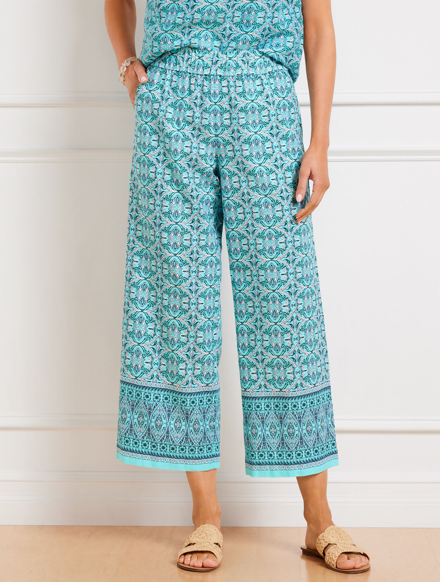 Talbots Nantucket Washed Linen Wide Leg Crop Pants - Oval Medallion | Talbots