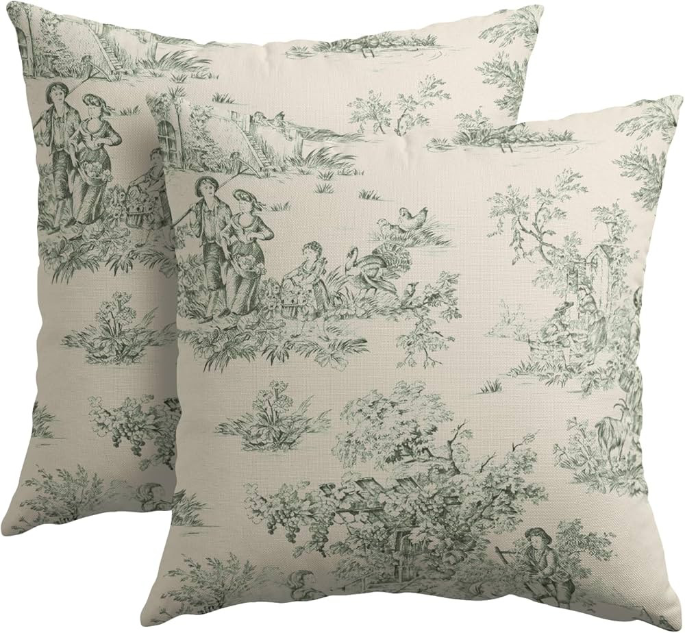 French Country Pillow Covers 18x18 Inch Set of 2 Vintage Toile Green Cottage Outdoor Decorative T... | Amazon (US)