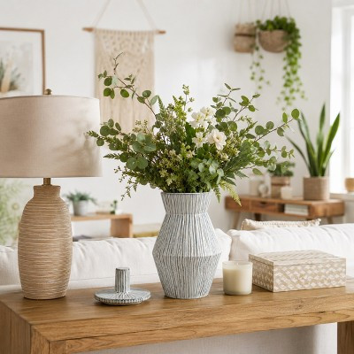 Contemporary Ribbed Geometric Ceramic Vase with Lid for Office Desk Accent- Modern Tall Table Flower Vase Design for Bedroom Display - 15", White | Target