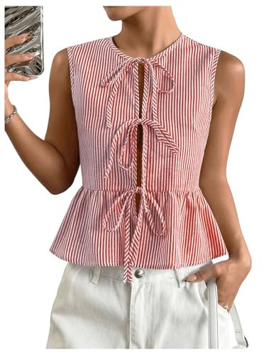 OYOANGLE Women's Striped Print Tie Front Bow Knot Crew Neck Sleeveless Tank Blouses Ruffle Peplum Tops Red Medium | Amazon (US)