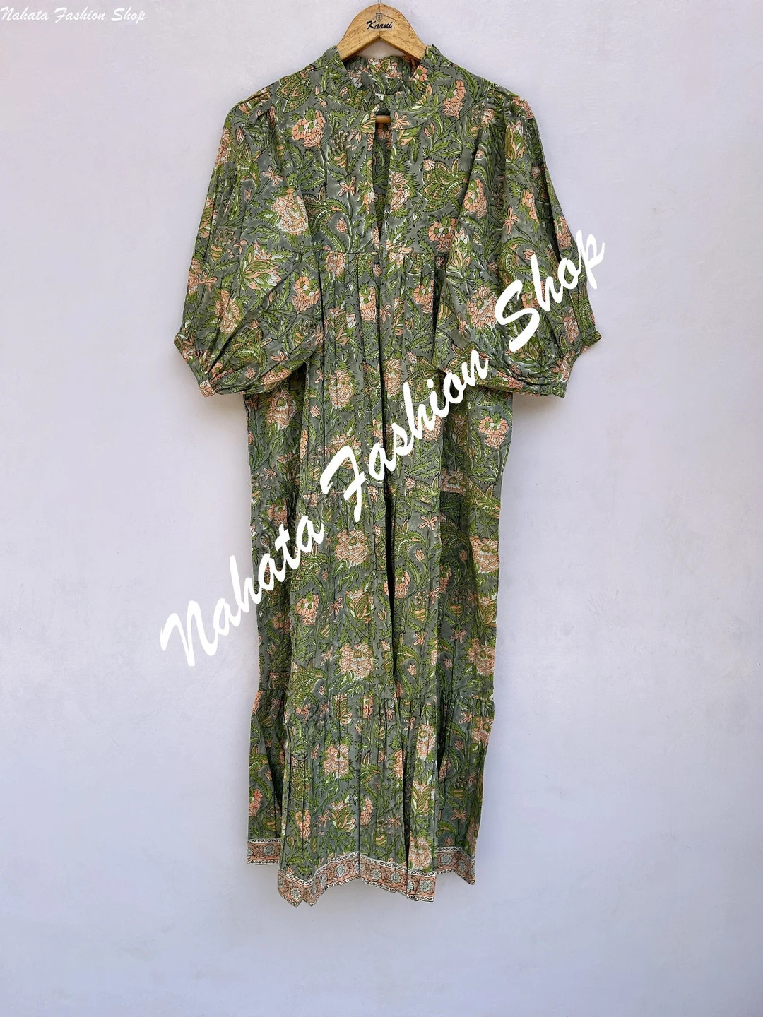 Summer Green Flower Plant Block Printed Women's Maxi Dress V Neckline Cotton Maxi 3/4th Sleeves W... | Etsy (US)