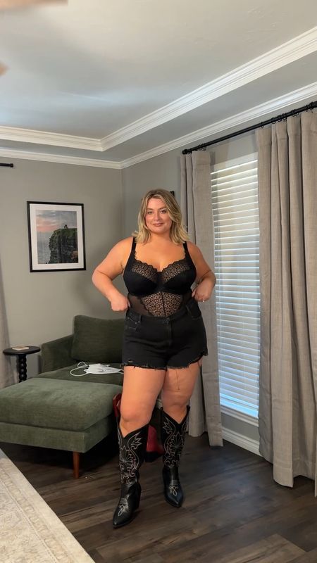 Bra sized bodysuit - black denim shorts and knee high western boots  Sexy country concert outfit idea for spring and summer - festival outfit idea - stagecoach - Coachella  

#LTKplussize #LTKstyletip #LTKSeasonal